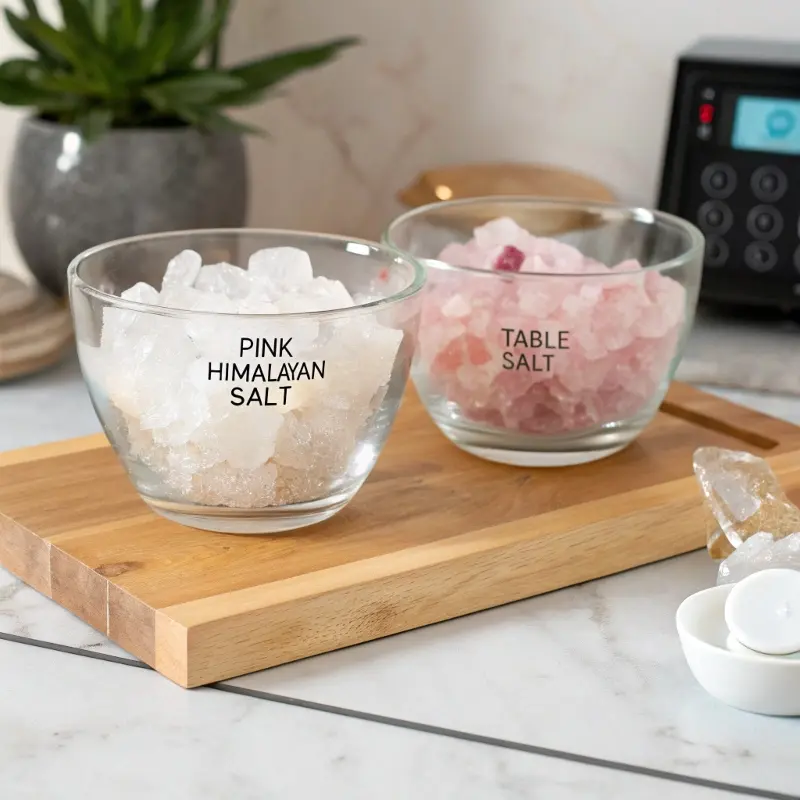 Side-by-side test of pink vs table salt on ice	