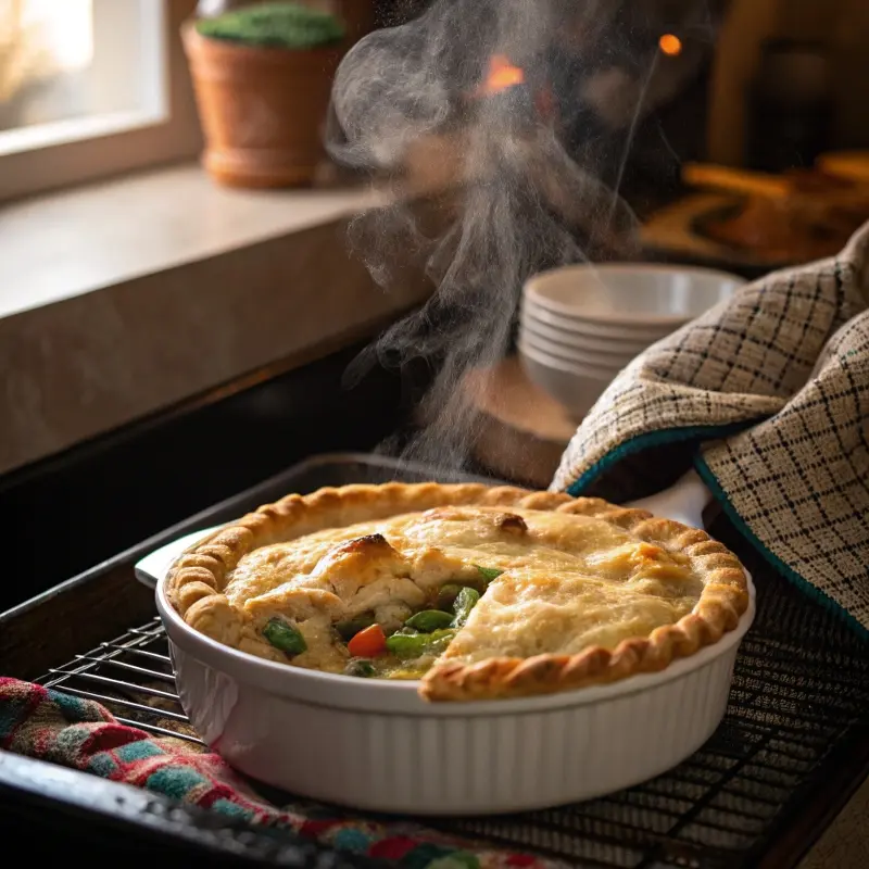 Golden baked chicken pot pie coming out of the oven