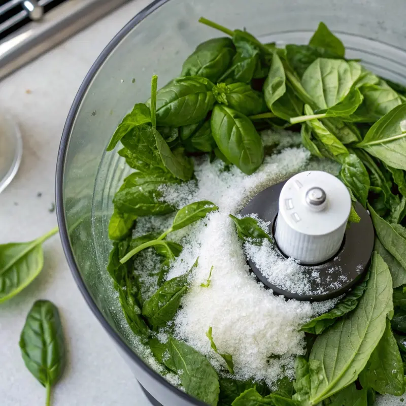 Basil and salt being blended	for Homemade Basil Salt yid