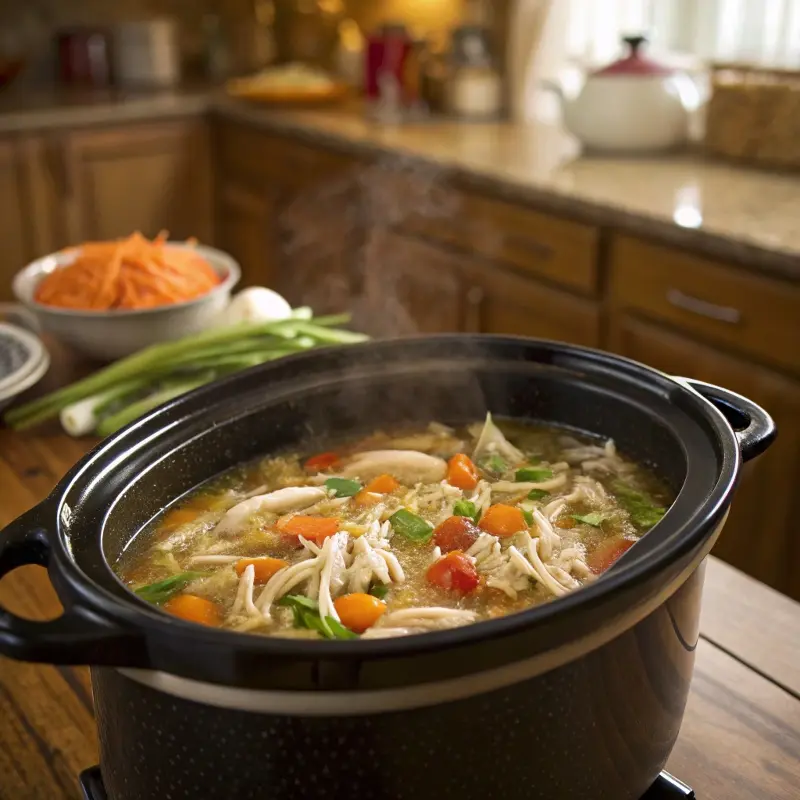Chicken stew simmering in crock pot	