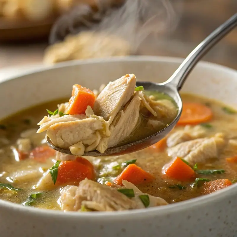 Thickened chicken stew being served	