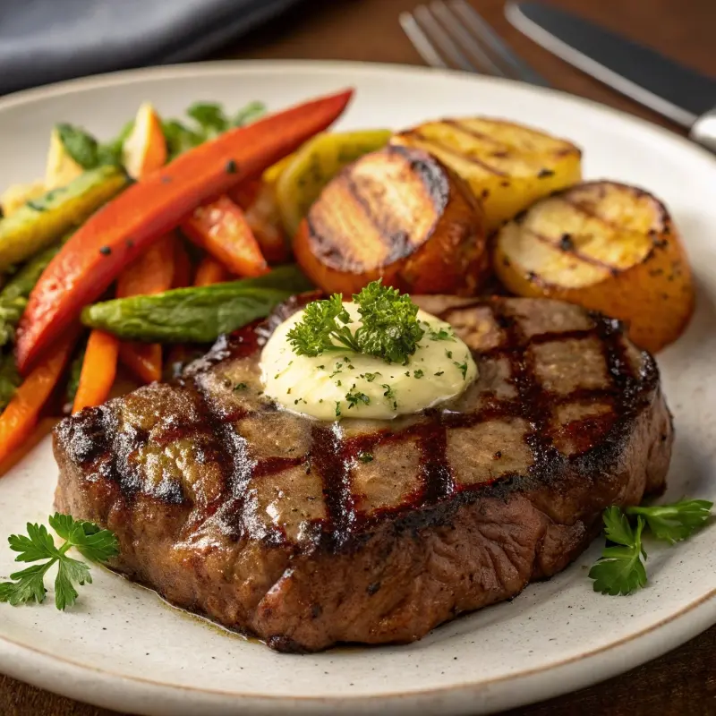 Grilled steak topped with melting cowboy butter	