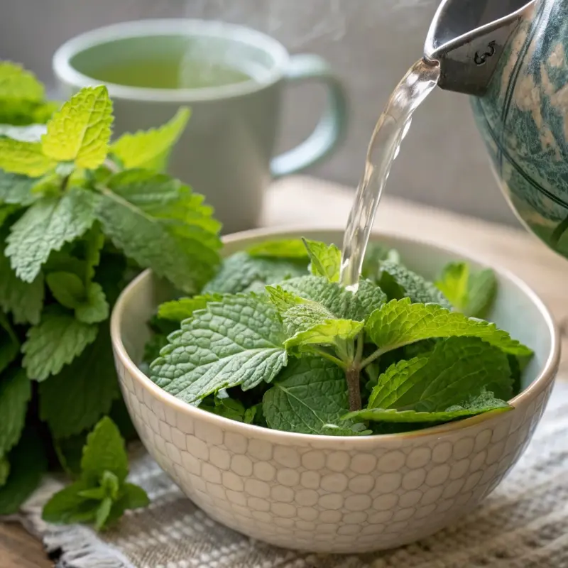 preparing lemon balm tea recipe with fresh leaves	