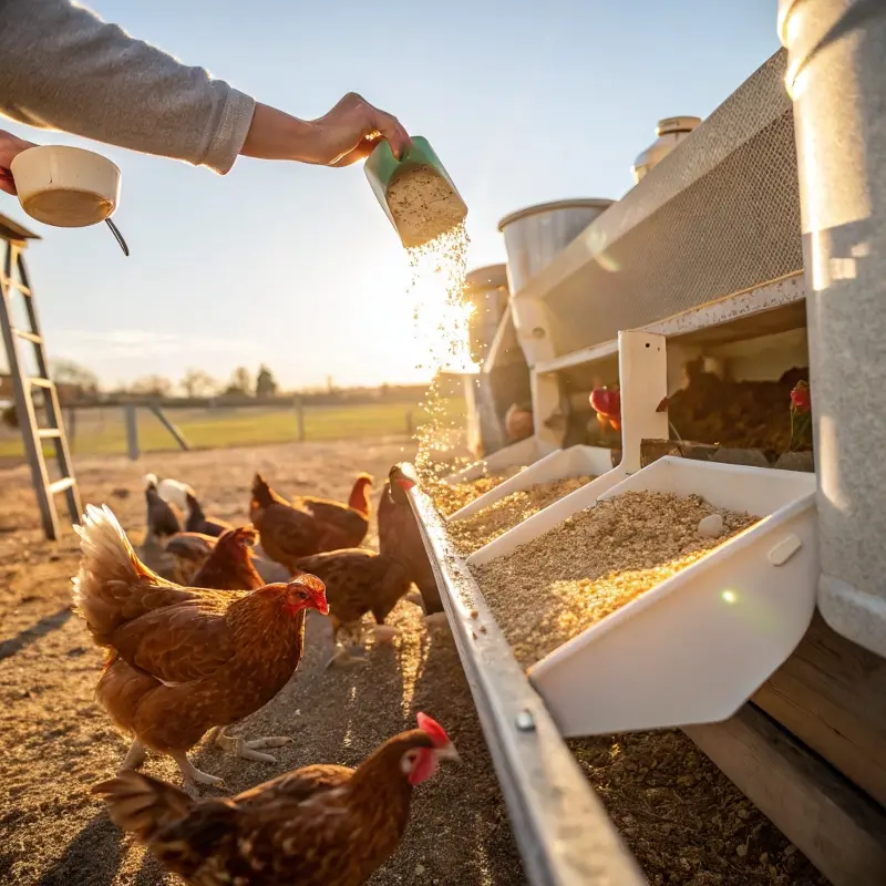 scooping high protein feed into chicken feeder	