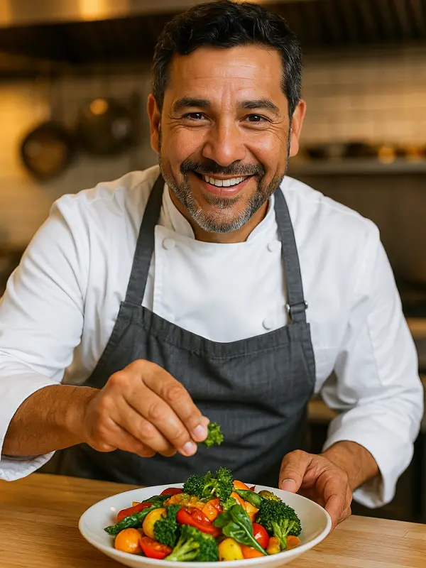 Chef Miguel Alvarez preparing a colorful healthy dish of vegetables in a warm professional kitchen at HealthyAmericanBites.com.