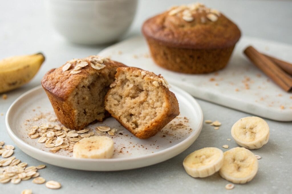 Single serving of high protein banana muffin on a plate