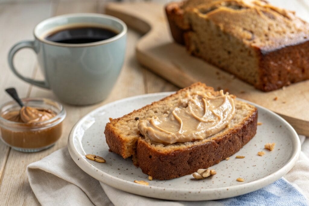 Vegan Banana Bread Recipe:  Slice of vegan banana bread with coffee