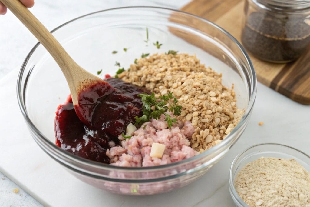 Mixing ingredients for homemade black pudding recipe in a bowl