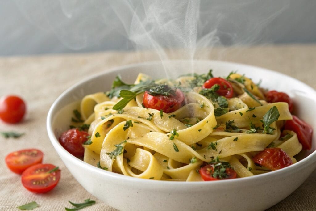 Gluten free pasta recipe served with olive oil and tomatoes