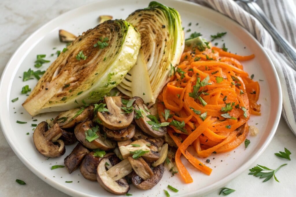 Vegetable-forward vegan dinner plate with cabbage and carrots,  Vegan dinner recipes
